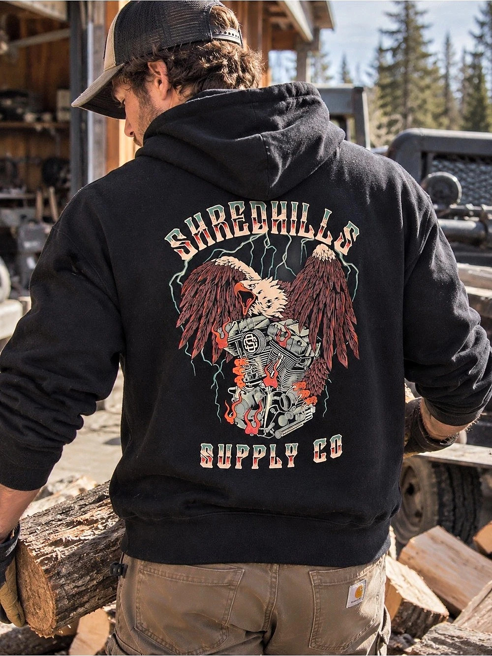 Shredhills Supply Co. | Eagle Engine | Graphic Hoodie | Black | Large